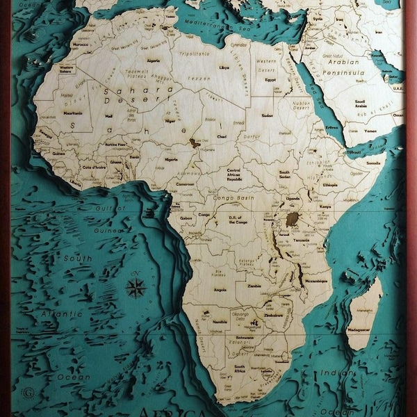 Africa Map 3D | 67x76 cm | 26x30 inch | Quadro Mappa Cartina in Legno Wooden Map Chart Laser Cut | www.geckoart.it