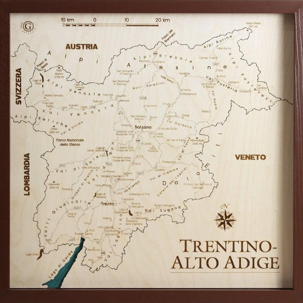 Trentino Alto-Adige Map 3D | 46 x 46 cm | 18 x 18 inch | Wooden Map Chart Laser Cut | www.geckoart.it