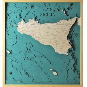Sicile Carte complète de l'Italie Sicile 3D | 67 x 73 cm | 26 x 29 pouces | Carte en bois découpée au laser | www.geckoart.it