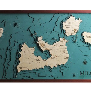 Milos Griechenland Griechenland Karte 3D | 46 x 71 cm | 18 x 28 Zoll | Lasergeschnittene Karte aus Holz | www.geckoart.it