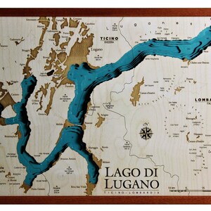 Lago di Lugano Lake Map 3D | 46x61 cm | 18x24 inch | Quadro Mappa Cartina in Legno Wooden Map Chart Laser Cut | www.geckoart.it
