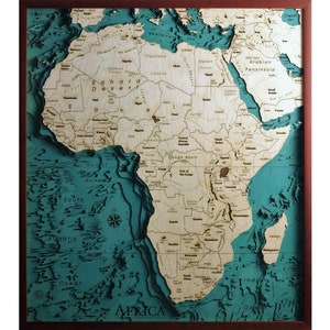 Mapa de África 3D | 67x76cm | 26 x 30 pulgadas | Gráfico de mapas de madera cortado con láser | www.geckoart.it