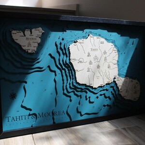 Tahiti Moorea Frans-Polynesië kaart 3D | 46 x 77cm | 18 x 30 inch | Houten kaartgrafiek Lasergesneden kerstboomversieringen Decorcadeau Kerstman