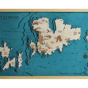 Mykonos Grèce Carte 3D | 46 x 72 cm | 18 x 28 pouces | Carte en bois découpée au laser | www.geckoart.it