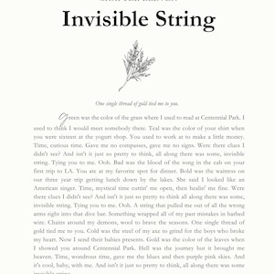 May include: A book page with the title "Invisible String" from "Folklore" by Taylor Swift. The text is black on a cream background, with a small floral illustration. The text includes song lyrics.