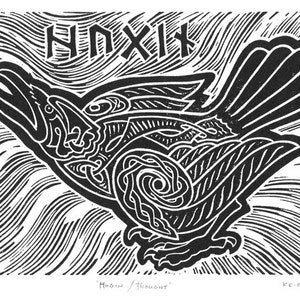 Hugin/Thought, Norse Mythology Linocut