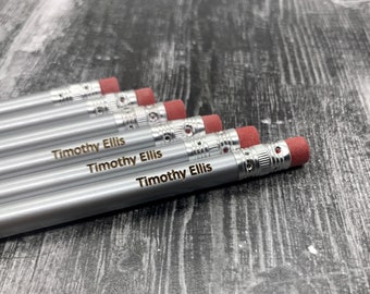 Personalized Pencils | Engraved Pencils | Back to School | 12 Pack Pencils | Silver Pencils | Student Gift