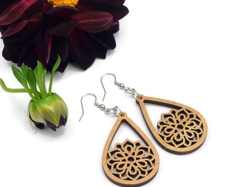 Mandala Wood Earrings, Wooden Earrings, Wood Jewelry, Handmade Wood Jewelry, Dangle Earrings