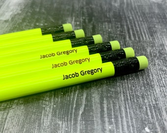 Personalized Pencils | Engraved Pencils | Back to School | 12 Pack Pencils | Neon Yellow Pencils | Student Gift