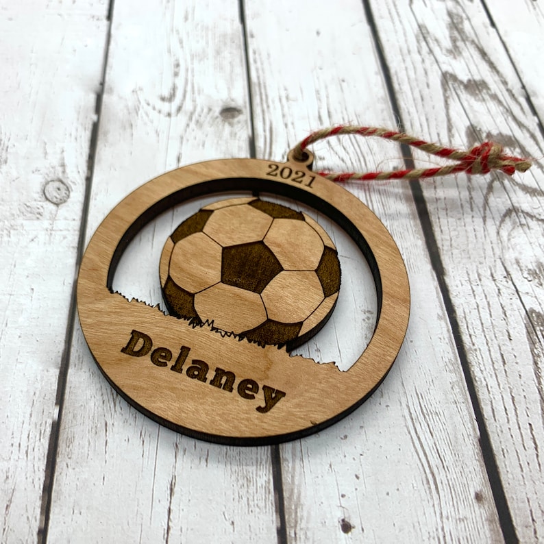 Soccer Ornament Personalized Ornament Wood Ornament Custom Engraved Ornament Rustic Ornament image 1