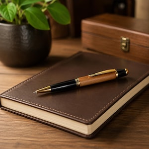 May include: A ballpoint pen featuring a polished wooden barrel, black resin accents, and gold-toned metal hardware including a clip, tip, and center band, resting on a dark brown leather-bound notebook with visible white stitching along the edges.