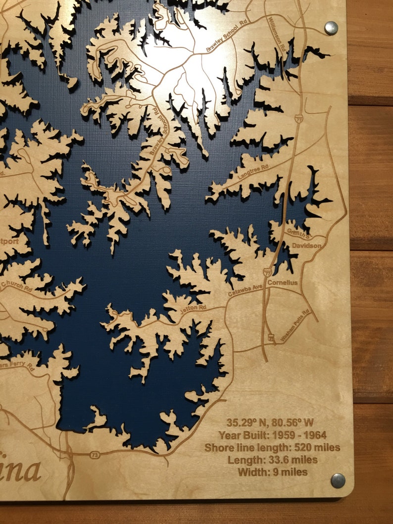 Lake Norman North Carolina Birch Wood Laser Engraved Map Etsy