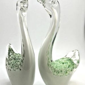 Vintage Murano Style Green & White Art Glass Swan Pair – Hand Blown Figurines