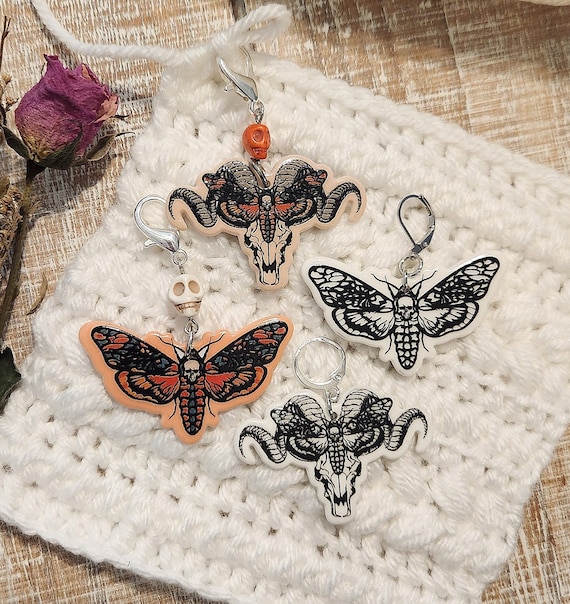 Crochet Knit Death's Head Moth Ram Skull Stitch Markers or Keychains