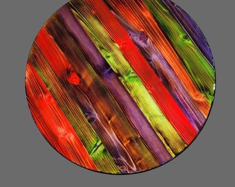 Tapiz abstracto colorido para pared, pieza de arte única, firmada por el artista, arte de pared de madera pintado a mano, decoración de pared bohemia vibrante, regalo