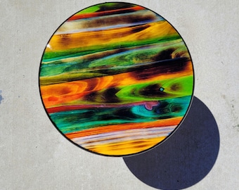 Colgante de pared abstracto colorido, pieza de arte única, firmada por el artista, arte de pared de madera pintado a mano, decoración de pared vibrante bohemia, regalo