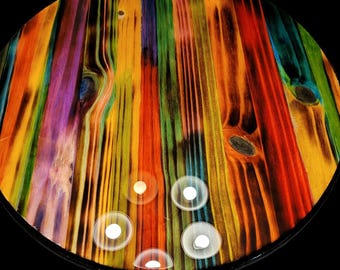 Colgante de pared abstracto colorido, pieza de arte única, firmada por el artista, arte de pared de madera pintado a mano, decoración de pared vibrante bohemia, regalo