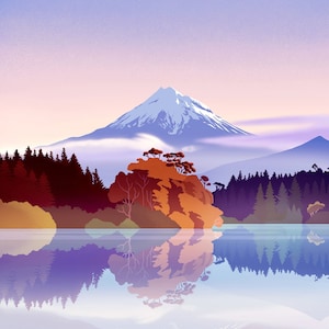 Mt. Taranaki Autumn Print: New Zealand Landscape, German Etching Paper