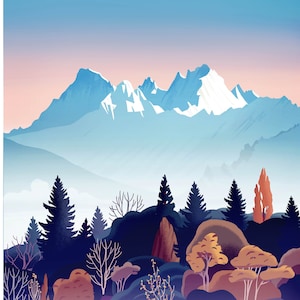 May include: A scenic landscape painting depicting a lake with a wooden jetty, a solitary bird swimming in the water, and a mountain range in the background. The mountains are capped with snow and the sky is a soft blue with a touch of pink.