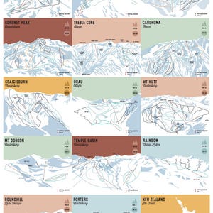 May include: A grid of fourteen illustrated maps depicting New Zealand ski fields, including Turoa, Whakapapa, The Remarkables, Coronet Peak, Treble Cone, Cardrona, Craigieburn, Ohau, Mt Hutt, Mt Dobson, Temple Basin, Rainbow, Roundhill, and Porters.