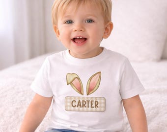 Camiseta personalizada de orejas de conejo para niño / Camiseta con nombre personalizado para bebé / Conjunto de Pascua para niño / Camiseta de orejas de conejo / Conjunto de Pascua para bebé niño