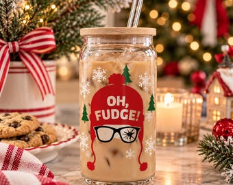 Oh Fudge Christmas Glass Cup with Bamboo Lid and Glass Straw, Funny Christmas Movie Cup