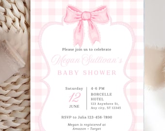 Light Pink Gingham Bow Baby Shower Invite, Printable Invitation Template, DIGITAL DOWNLOAD