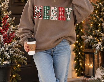 Merry Patchwork Christmas Crewneck, Brown Holiday Sweatshirt, Vintage Christmas Graphic Pullover