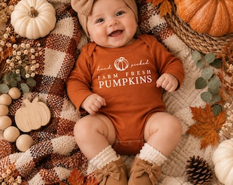 Hand Picked Farm Fresh Pumpkins Baby Bodysuit | Pumpkin Patch Baby Outfit | Fall Baby Clothes | Baby Pumpkin Onesie