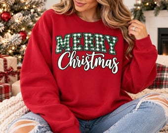 Merry Christmas Red and Green Gingham Crewneck Sweatshirt