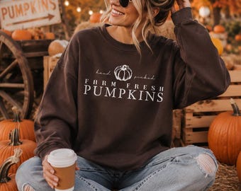Hand Picked Farm Fresh Pumpkins Brown Crewneck - Cozy Autumn Sweatshirt