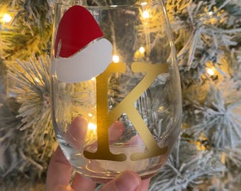 Taça de vinho personalizada com chapéu de Papai Noel para o Natal – Taça de vinho sem haste personalizada para as festas de fim de ano