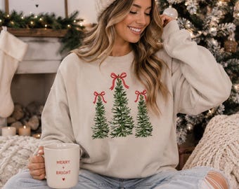 Christmas Tree Red Bow Cream Crewneck