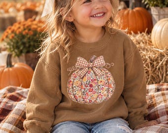 Floral Pumpkin Kids Sweatshirt Coyote Brown | Fall Pumpkin Crewneck | Girls Autumn Sweatshirt | Pumpkin Patch Outfit