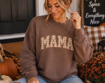 Light Chocolate Espresso Mama Plaid Sweatshirt | Fall Mama Sweatshirt | Thanksgiving Mom Shirt | Cozy Autumn Pullover