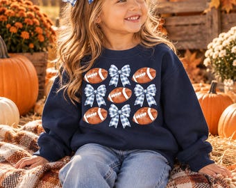 Girls Football Bow Sweatshirt | Girls Game Day Shirt | Football Girl Outfit | Fall Football Sweatshirt | Navy Blue Football Shirt
