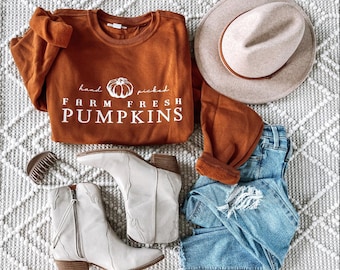 Hand Picked Farm Fresh Pumpkins Burnt Orange Crewneck – Fall Sweatshirt for Women