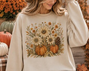 Pumpkin Floral Sweatshirt | Fall Floral Crewneck | Pumpkin & Sunflower Sweatshirt | Vintage Autumn Shirt | Cozy Fall Outfit | Pumpkin Patch