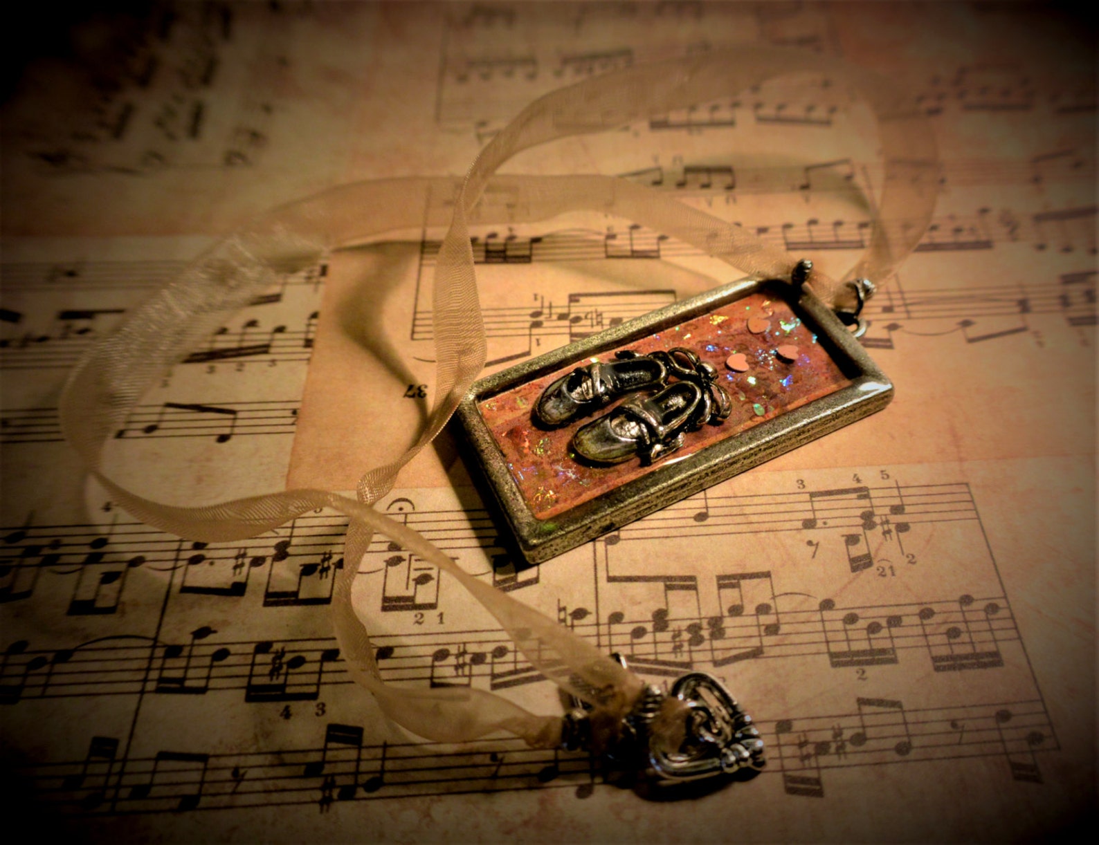 the recital: a miniature diorama, mixed media, resin art, story pendant with a handmade choker necklace and ballet shoes charm