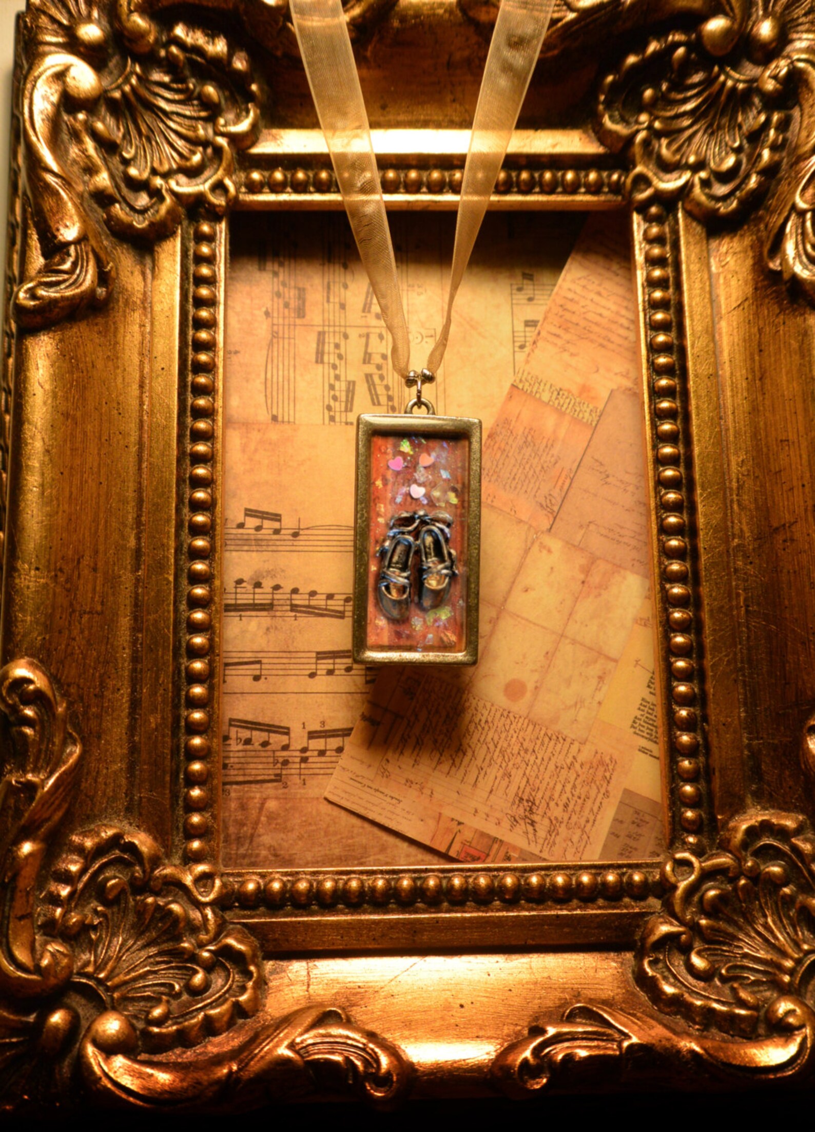 the recital: a miniature diorama, mixed media, resin art, story pendant with a handmade choker necklace and ballet shoes charm