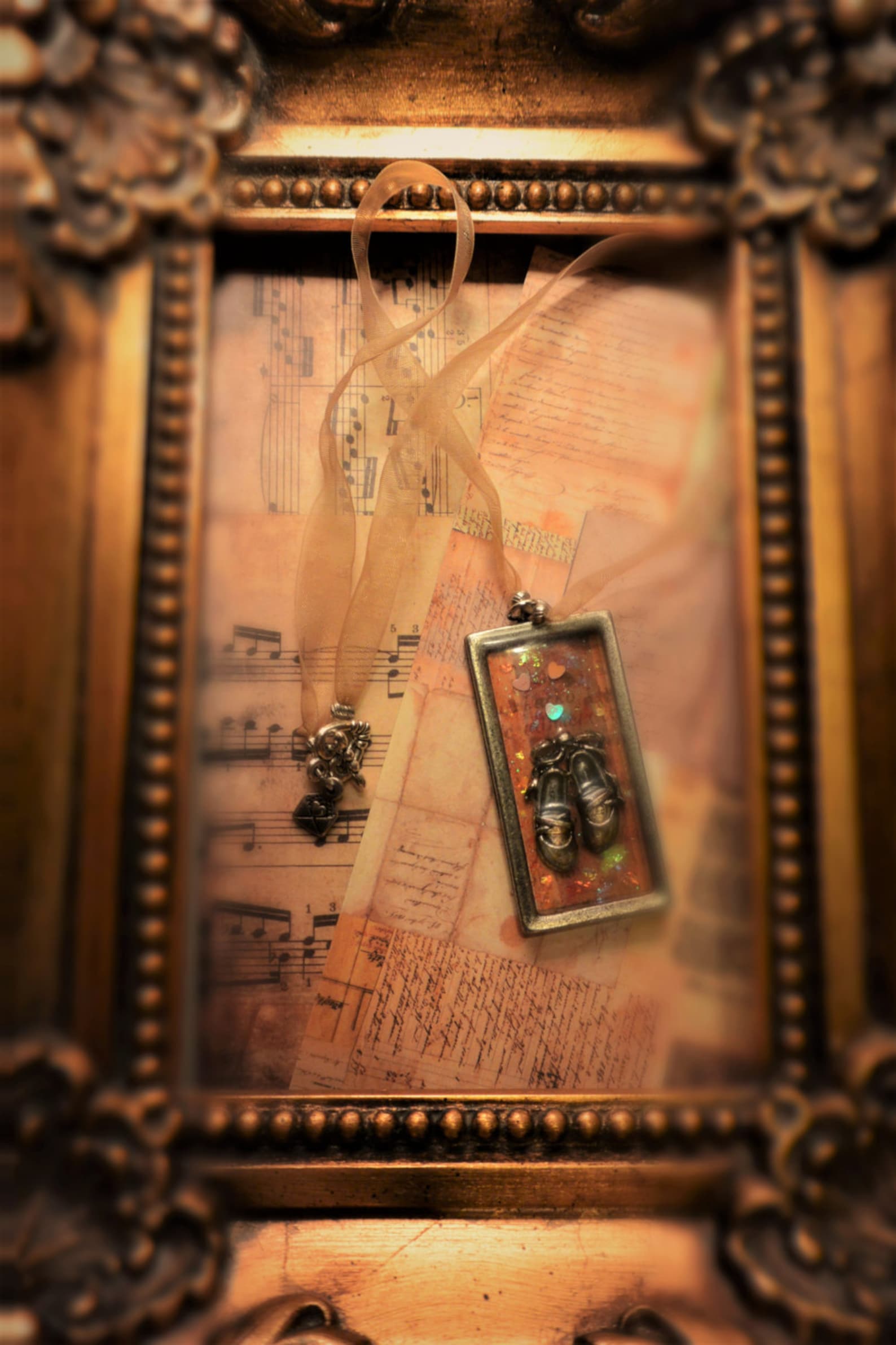 the recital: a miniature diorama, mixed media, resin art, story pendant with a handmade choker necklace and ballet shoes charm