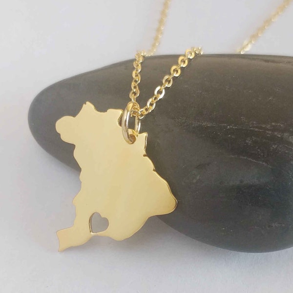 Gold Brazil Necklace, Brazil Charm Necklace, Brazil Map Necklace, Brazil Shaped Jewelry, Country Heart Pendant,Gift for Brazilian