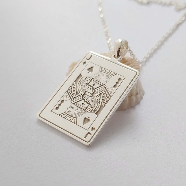 Carte de valet de pique en argent, collier de poker personnalisé, collier de costume de cartes à jouer, collier jeu de cartes, collier de breloques de poker personnalisé