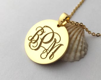 Gold Monogram Circle Disc Necklace, Monogram Initials necklace, Gold Disk Necklace, Custom Disc Jewelry, Monogram Tag Necklace,Gold Initials