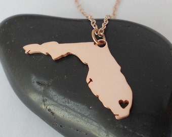 Florida Shaped Necklace Rose Gold,Florida State Necklace ,Florida Charm Necklace,Fl State Necklace With A Heart