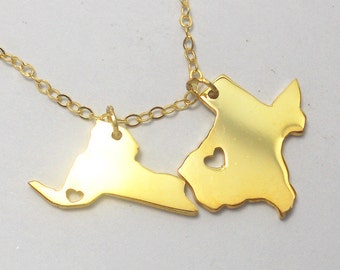 Gold Double State Necklace,Two State Necklace,Long Distance Love Gift,Any two states or Countries Necklace,Best Friendship Necklace