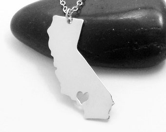 California Necklace White Gold,CA State Charm Necklace ,California State Shaped Pendant,California State Necklace With A Heart