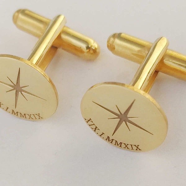 North Star Cufflinks, Custom Roman Numerals Cufflinks, Engraved Wedding Cufflinks for Groom,Wedding Date Cufflinks, Mens Compass Cufflinks