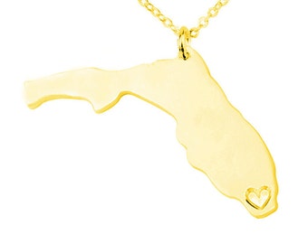 Gold Florida Charm Necklace,FL State Charm Jewelry ,Florida State Shaped Necklace,Florida State Necklace With A Heart
