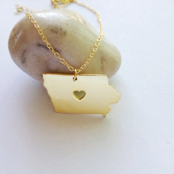 Gold Iowa State Necklace,IA State Shaped Necklace,Iowa State Charm Necklace,Iowa Necklace With A Heart